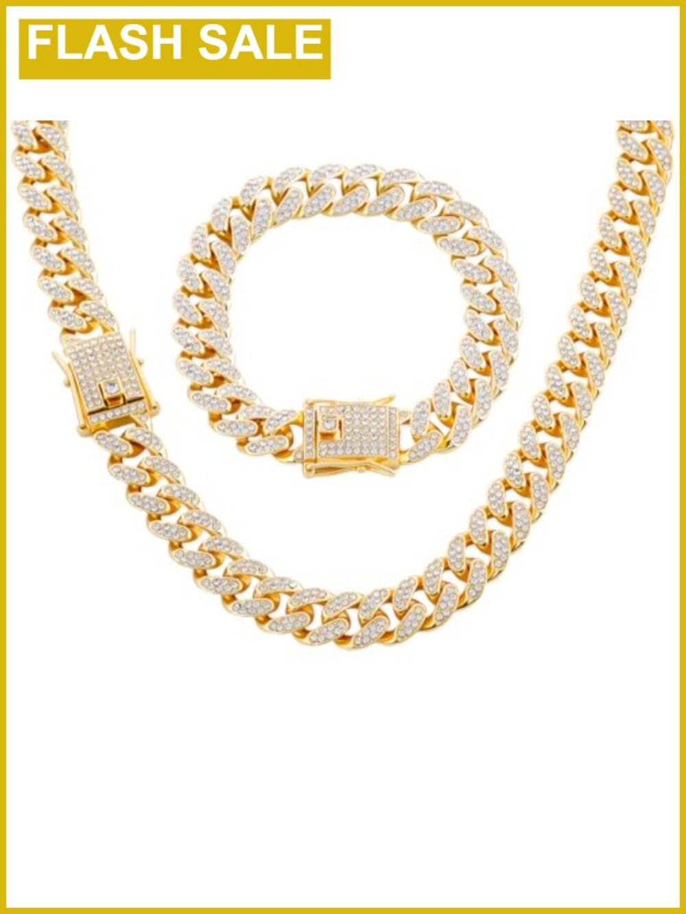 Cuban Link Chain Necklace Bracelet Set Hip Hop Jewelry Alloy Rhinestone